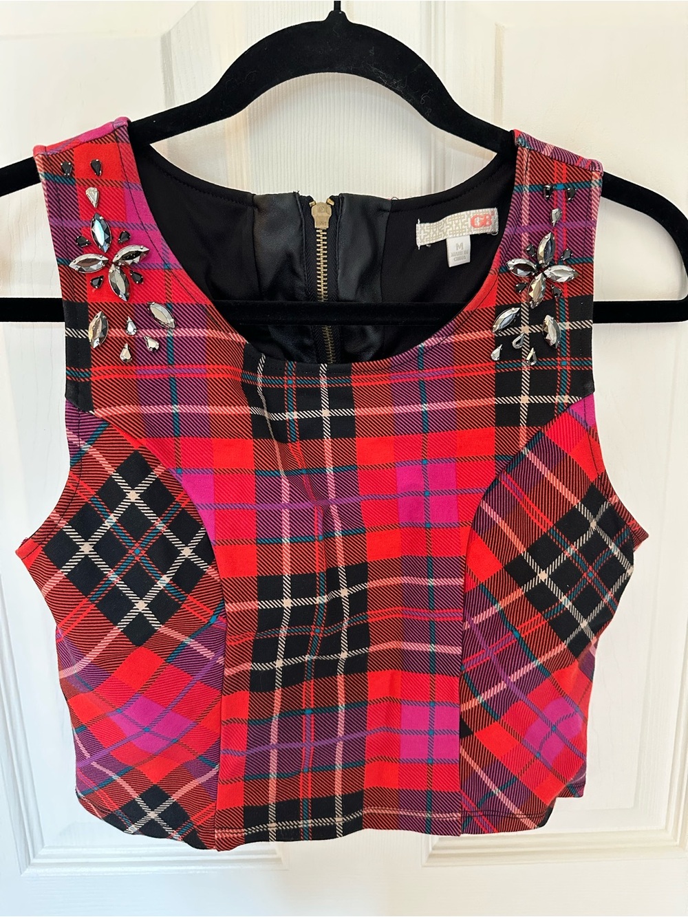 Gianni Bini Red and Pink Plaid Jewel-Embellished Cropped Tank